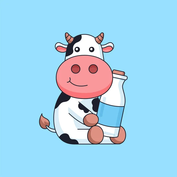 Cute Cow Sit Holding Milk Bottle Animal Mascot Cartoon Vector — Stock Vector