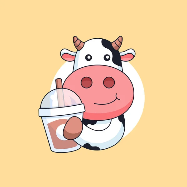 Happy Cow Holding Milk Tea Drink Cup Animal Mascot Cartoon — Stock Vector