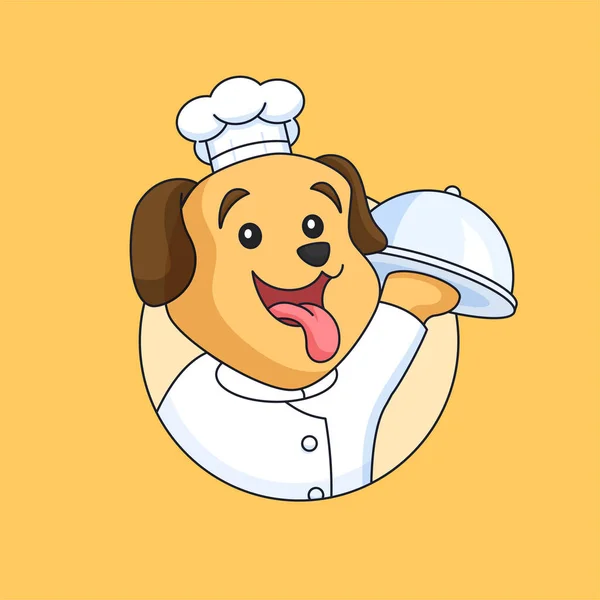 Χαριτωμένο Κουτάβι Σκυλί Εστιατόριο Σεφ Κρατώντας Καλυμμένο Δίσκο Τροφίμων Ζώων — Διανυσματικό Αρχείο