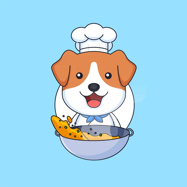 Χαριτωμένο Σεφ Κουτάβι Σκύλος Μαγείρεμα Δρόμο Τροφίμων Χρησιμοποιούν Τηγάνι Ζώων — Διανυσματικό Αρχείο