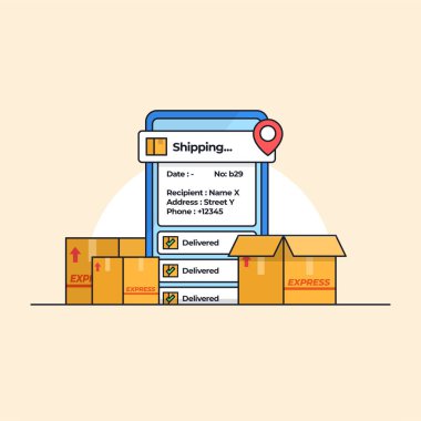 Modern nakliye hizmeti illüstrasyonu için çoklu karton dağıtım kutusuna sahip mobil takip uygulaması