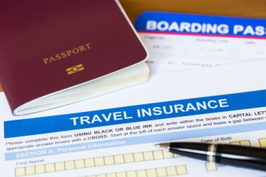 Travel insurance application form with pen and passport clipart