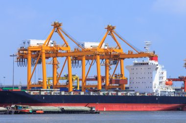 Tayland Bangkok limanda çalışan büyük sarı vinç