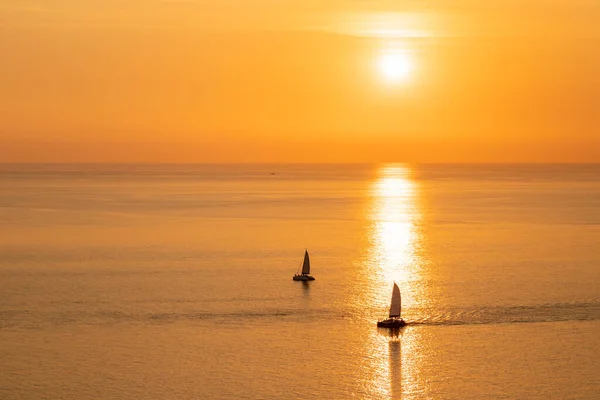 Beautiful Gold Orange Sunset Sailboat Sailing Reflection Sunlight — 图库照片