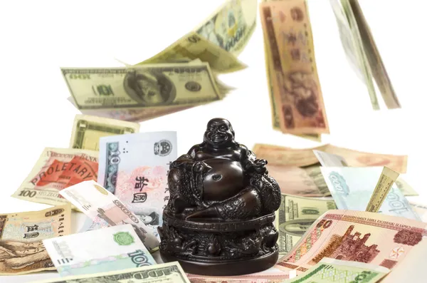 Hotei buddha zieht monetären Reichtum an Stockbild