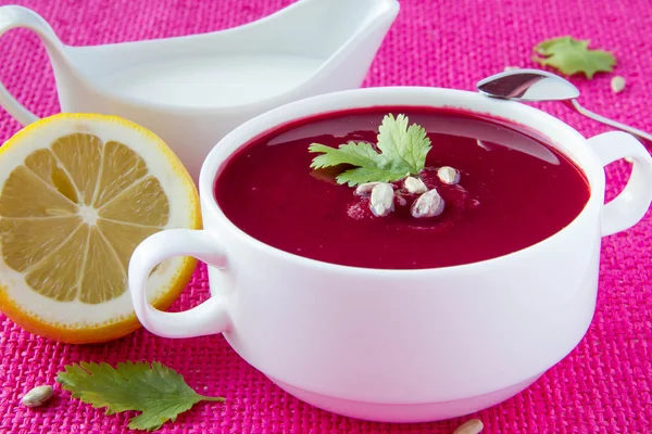 Beetroot cream soup with seeds — Stock Photo, Image