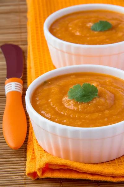 Sopa de creme de legumes com pastinaga, cenouras e tomates — Fotografia de Stock