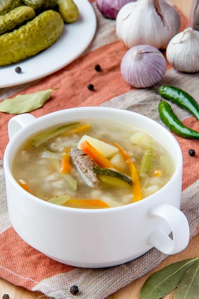 Meat soup with pickled cucumbers and pearl barley — Stock Photo, Image