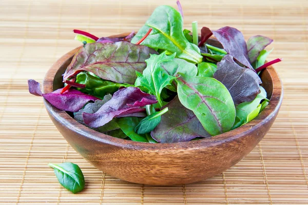 Wooden bowl with chard, spinach and lettuce — Stock Photo, Image