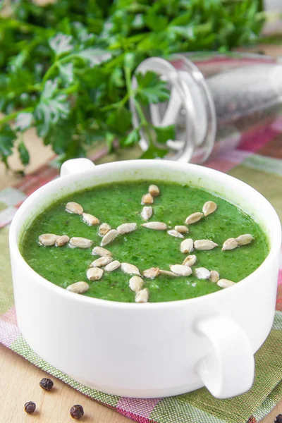 Sopa de verduras soleada decorada con espinacas — Foto de Stock