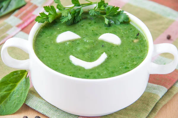 Sopa saudável engraçada com espinafre para crianças — Fotografia de Stock