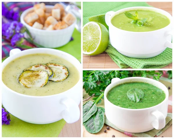 Colagem com uma sopa de creme saudável verde — Fotografia de Stock