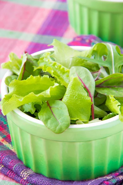 Lattuga fresca e rucola nel bicchiere verde, ingrediente per insalata — Foto Stock