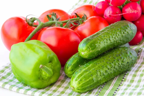Young vegetables of a new crop: a branch of tomatoes, cucumbers, — Stock Photo, Image