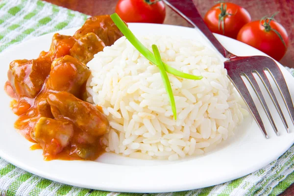 Chinese dish - sour-sweet pork with white rice — Stock Photo, Image