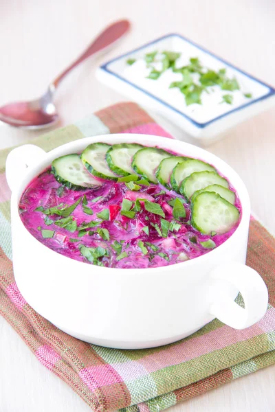 Traditionele koude Litouwse zomerse soep gemaakt van bieten, komkommer — Stockfoto