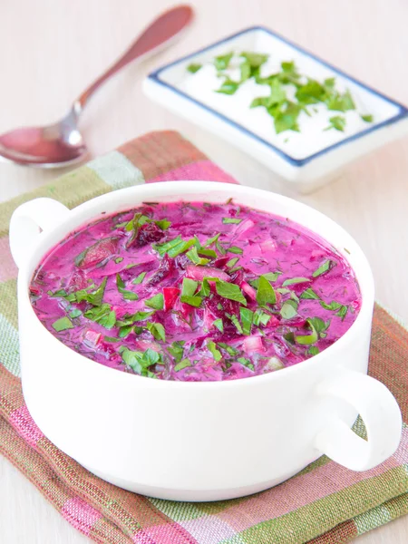 Traditionele koude Litouwse zomerse soep gemaakt van bieten, komkommer — Stockfoto