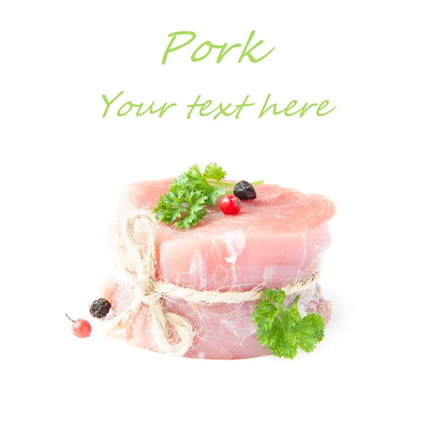 Fresh fillet of raw pork with spices and herbs on a white backgr — Stock Photo, Image