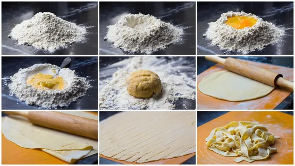 Collage of cooking homemade pasta tagliatelle — Stock Photo, Image