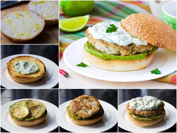 Fresh, delicious chicken burger in the Greek style with zucchini and yogurt cucumber sauce tzatziki — Stock Photo, Image