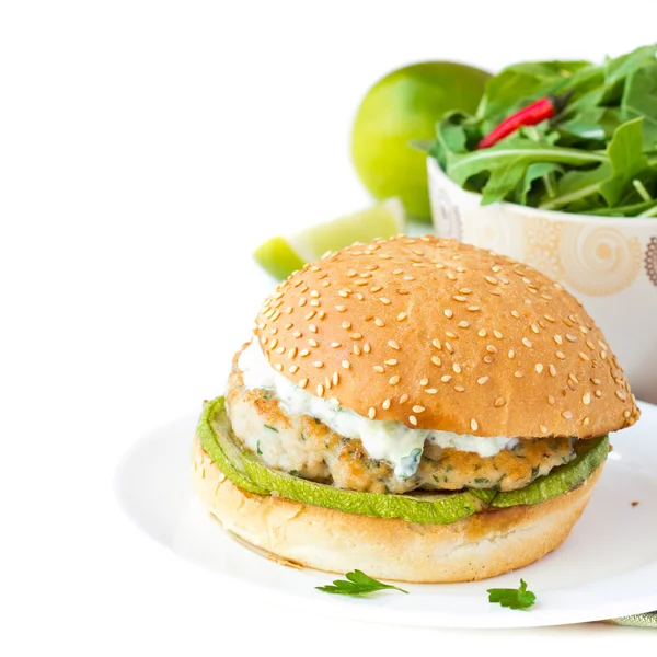 Fresh, delicious chicken burger in the Greek style with zucchini — Stock Photo, Image