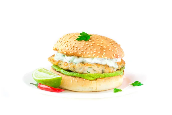 Fresh, delicious chicken burger in the Greek style with zucchini — Stock Photo, Image