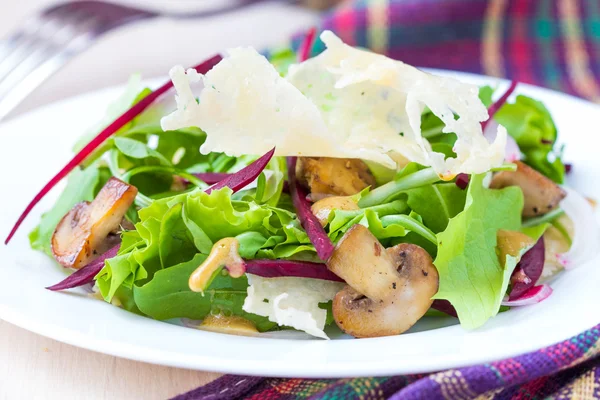 Salată proaspătă cu salată verde, ciuperci, sfeclă roșie și chipsuri de brânză — Fotografie, imagine de stoc