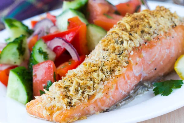 Steak fillet of red fish salmon with cheese crust breading — Stock Photo, Image