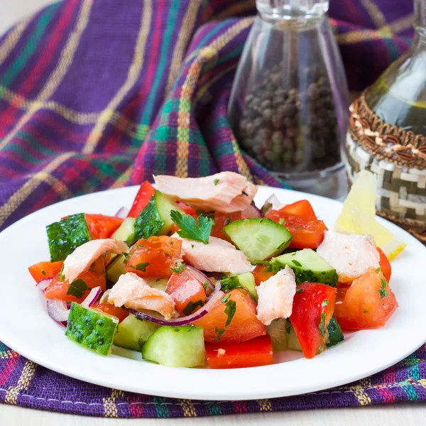 Fresh salmon salad with cucumbers, tomatoes, capsicum and onion — Stock Photo, Image