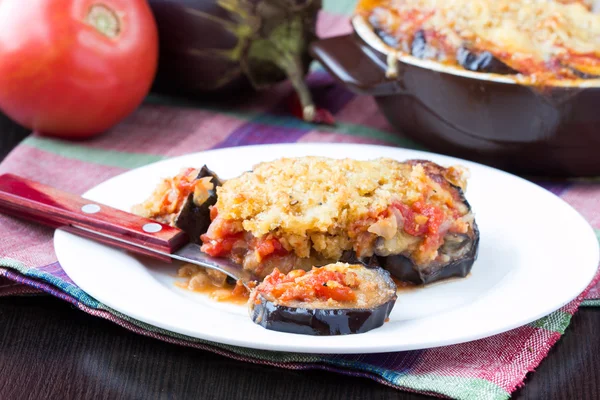 Sabroso plato italiano, aperitivo con berenjena, queso y tomate s — Foto de Stock