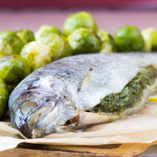 Two fish, rainbow trout stuffed with green herb sauce, Brussels — Stock Photo, Image