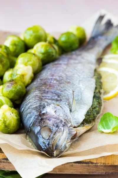 Two fish, rainbow trout stuffed with green herb sauce, Brussels — Stock Photo, Image