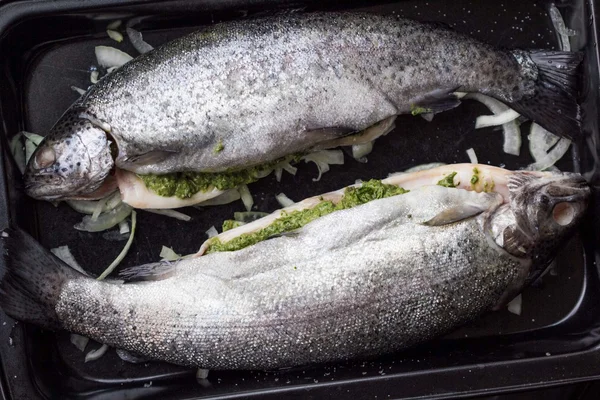 Koken twee vis, regenboog forel gevuld met groene saus en haar — Stockfoto