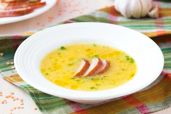 Cream soup of red lentil with smoked meat, duck, chicken — Stock Photo, Image