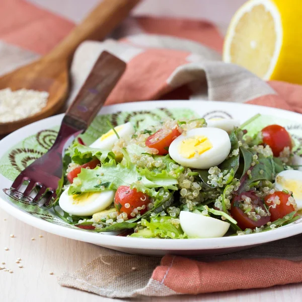Healthy quinoa salad with tomatoes, avocados, eggs, herbs, lettu — Stock Photo, Image