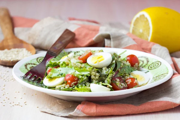 Zdravé quinoa salát s rajčaty, avokádo, vejce, byliny, lettu — Stock fotografie