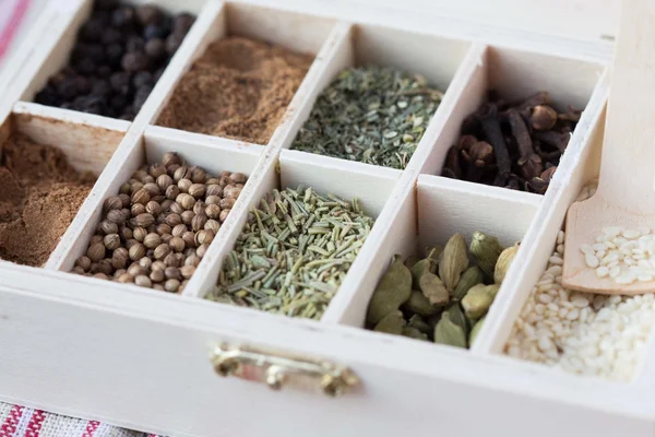 Assortment collection of spices and herb in wooden box, food bac — Stock Photo, Image