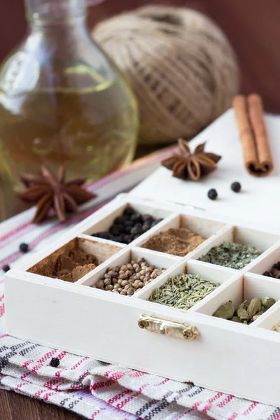 Assortment collection of spices and herb in wooden box, food bac — Stock Photo, Image