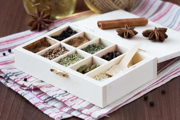 Assortment collection of spices and herb in wooden box, food bac — Stock Photo, Image