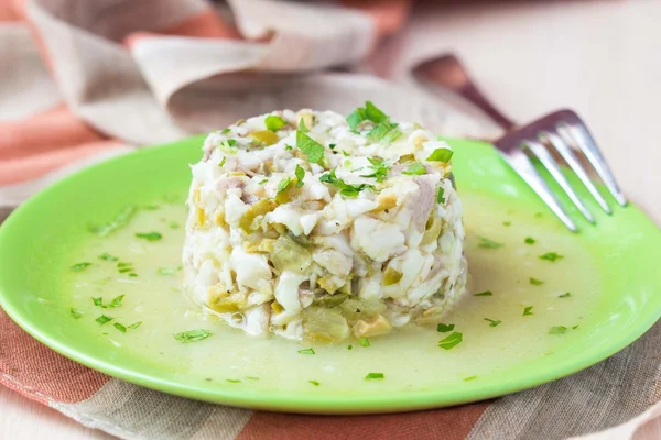 Tartar ceviche of raw white fish with olives, lemon, sauce — Stock Photo, Image