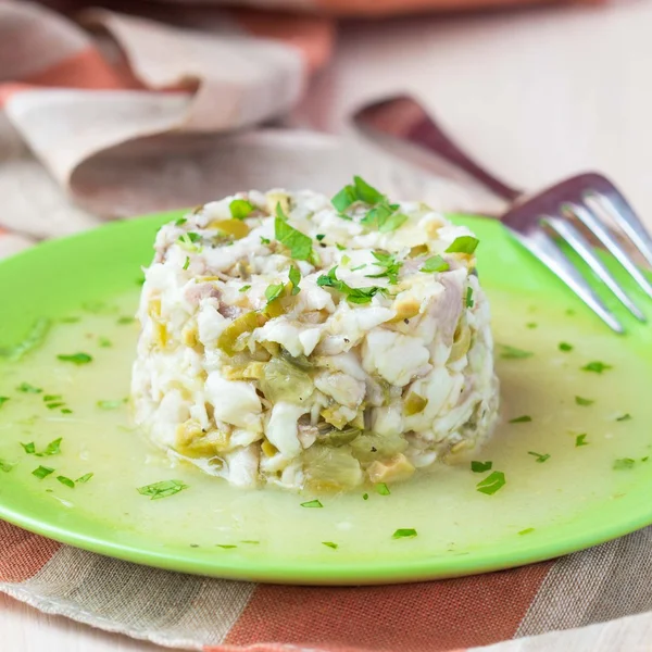 Tartar ceviche of raw white fish with olives, lemon, sauce — Stock Photo, Image