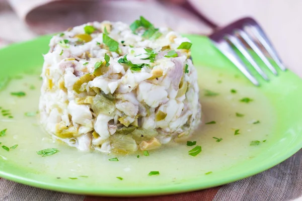 Tartar ceviche of raw white fish with olives, lemon, sauce — Stock Photo, Image