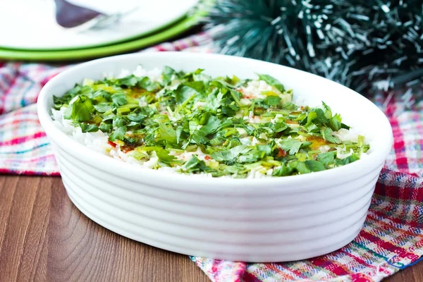 Rice casserole with egg, green spring onions, cilantro, chili, a — Stock Photo, Image