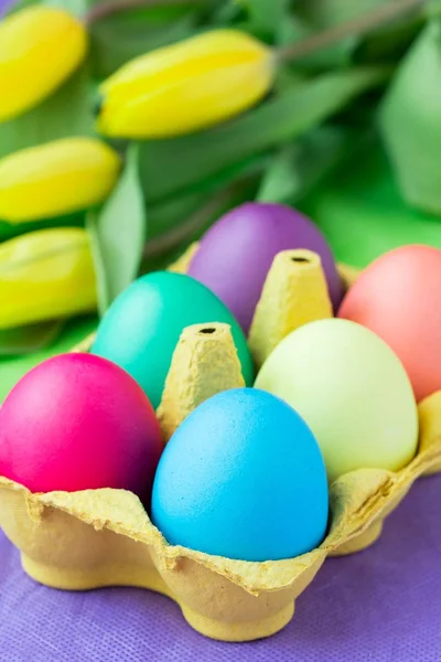 Colorful easter eggs in packing box with tulips flowers — Stock Photo, Image