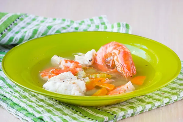 Fish soup with shrimps, white fillet of cod and perch, celery, c — Stock Photo, Image