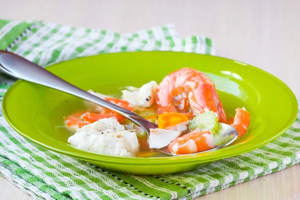 Fish soup with shrimps, white fillet of cod and perch, celery, c — Stock Photo, Image