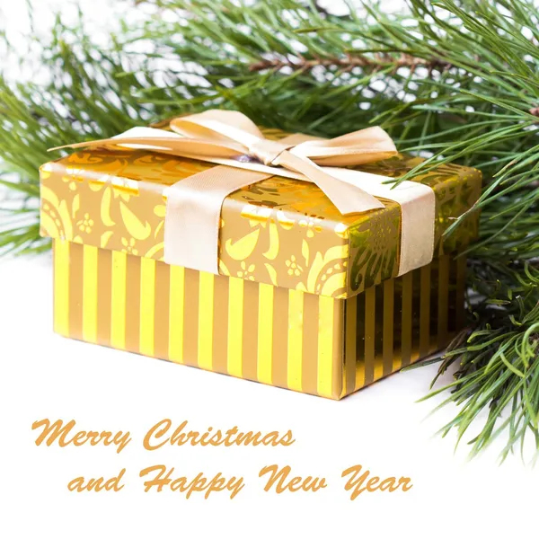 Gold box, gift on Christmas, new year, background — Stock Photo, Image