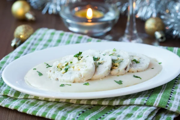 Roulade roll of white fish fillet cod stuffed with egg, sauce be — Stock Photo, Image