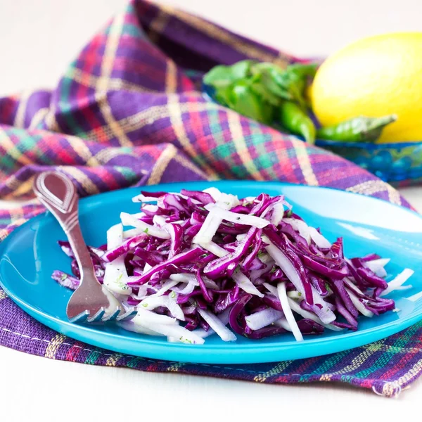 Fresh vegetable salad with red cabbage, kohlrabi, apple, cilantr