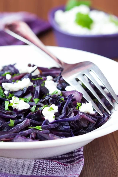 Stewed red cabbage with feta cheese, cilantro, healthy dish, gar — Stock Photo, Image